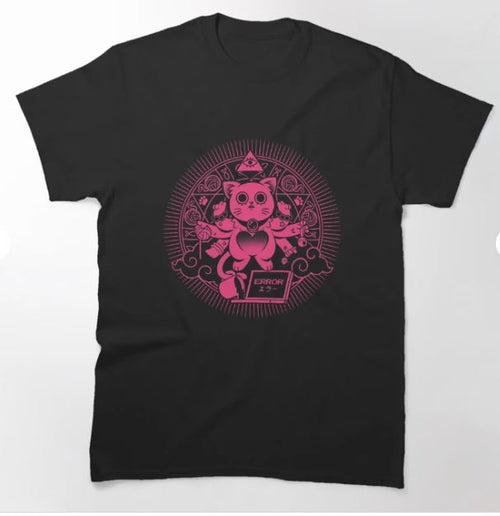 The Ilustrata Cat God T-shirt Blk XL by Blue Dog Posters features a black base with a pink graphic of a stylized cat holding a heart. The cat is surrounded by flowers, geometric shapes, and an "ERROR" message on a small display, giving it a modern, digital feel. Check the size chart for the perfect fit and support the artist!