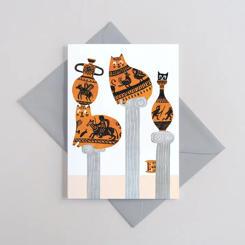 The Catmolean Greeting Card - Printer Johnson by Blue Dog Posters features cat-shaped Greek vases with black and orange patterns on gray classical columns. This FSC certified A6 card comes with a light gray envelope.