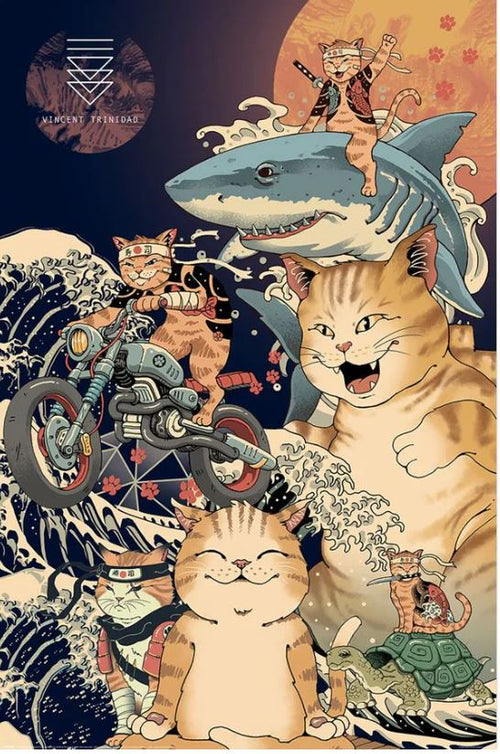 The Vincent Trinidad (Catana Montage) by ART 033 showcases a vibrant, whimsical illustration of several cats partaking in adventurous activities. One cat zooms on a motorcycle, another bravely surfs atop a shark, while several others frolic in the water waves. Dominating the composition is a large, joyful cat, accompanied by playful depictions of a turtle and waves.