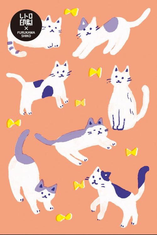 A peachy-orange postcard from Blue Dog Posters features playful white cats with gray patches and yellow bows, topped with a black circle and white text in the style of a chic Cards Collection Risograph.