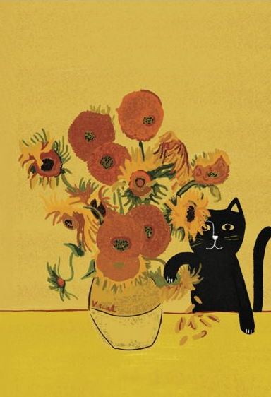 A black cat is depicted sitting next to a vase filled with sunflowers on a yellow background in this Vincent Sunflowers by Nia Gould art print from fap. The cat's wide eyes and curved tail add charm, while scattered sunflower petals enhance the minimalist, stylized design. Part of the Featured Artists Collection.