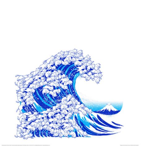 Introducing the "Kanagawa Cat Wave" from Blue Dog Posters, an artistic rendition of the iconic "Great Wave off Kanagawa" with a delightful twist. The cresting wave is uniquely formed by countless blue and white illustrated cats, creating a playful and whimsical scene. In the background, Mount Fuji stands tall under a crisp, clear sky. Ideal for A3 posters in our Japanese Illustration Poster series.