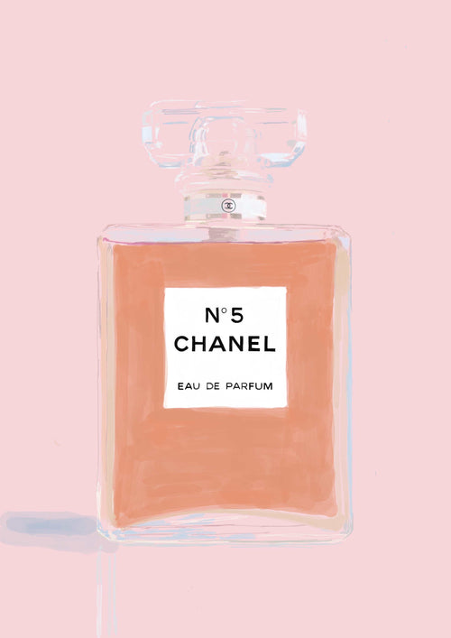 Illustration of the Chanel No 5 Perfume Bottle Pink by A3, featuring a clear rectangular shape, square white label, and light pink liquid on a pale pink background—ideal as an Art Poster or stylish Pop Culture Poster.