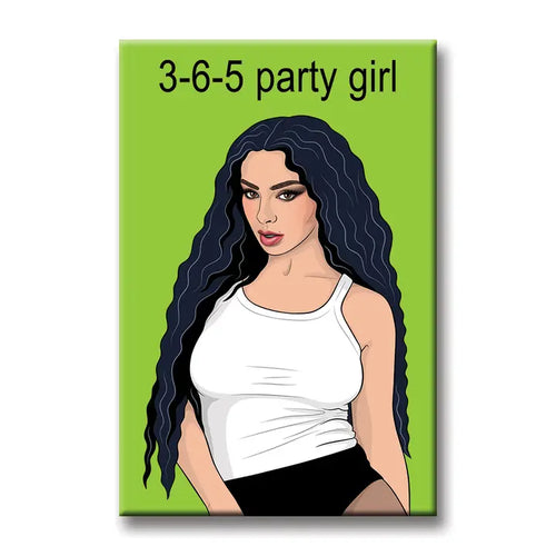 Charli XCX magnet by Blue Dog Posters featuring a woman with long, wavy dark hair in a white tank top and black shorts on a green background, with “3-6-5 party girl” text above her.