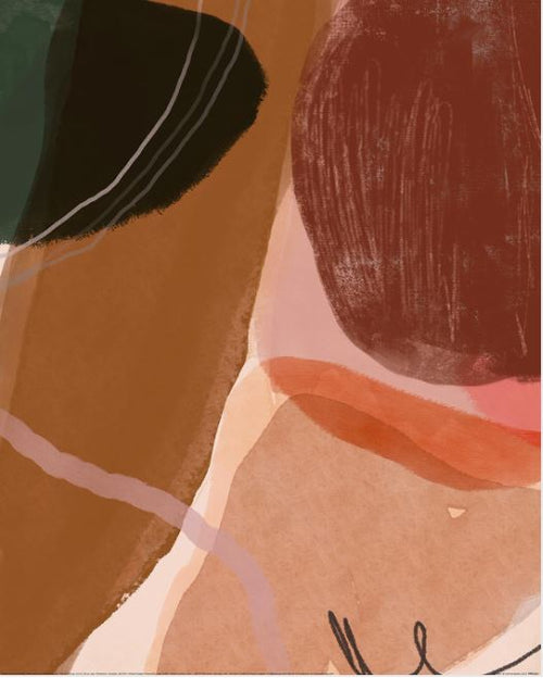The Gemma Bardot (Chatter) from GAL246 features overlapping shapes in earthy tones like brown, reddish-brown, and green. With curved lines and varying textures, it creates a dynamic composition evoking natural landscapes in this stunning piece from the Small Decor Series Art Prints.