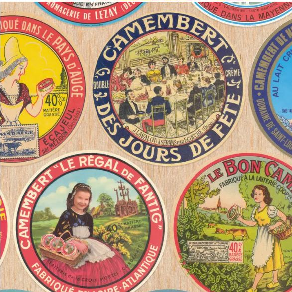 The Fromage Labels Poster Wrap by Blue Dog Posters features vintage Camembert cheese labels with colorful, intricate designs that make for charming gift wrap. The labels depict pastoral scenes, children in traditional outfits, and festive gatherings. Each decorative paper label includes detailed text and imagery promoting various brands of Camembert cheese.