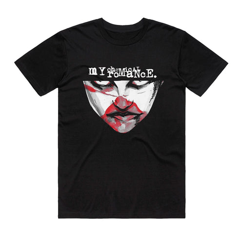 The Blue Dog Posters My Chemical Romance T-Shirt Blk LGE features a striking, stylized face with red and white accents and "My Chemical Romance" in distressed text—must-have emo apparel for any fan’s MCR shirt collection.
