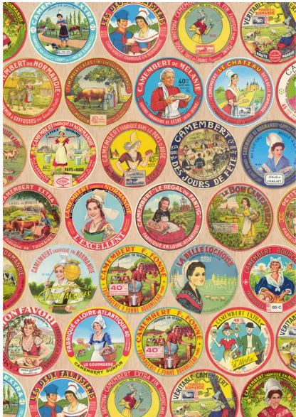 Introducing the Fromage Labels Poster Wrap by Blue Dog Posters – a vibrant collage of circular vintage cheese labels adorned with colorful illustrations and diverse text. These intricate designs showcase charming images of cows, farmers, scenic landscapes, and people in traditional attire. Perfect for use as decorative paper or gift wrap, it’s an ideal choice for enthusiasts of Camembert cheese labels and other unique cheese brands.