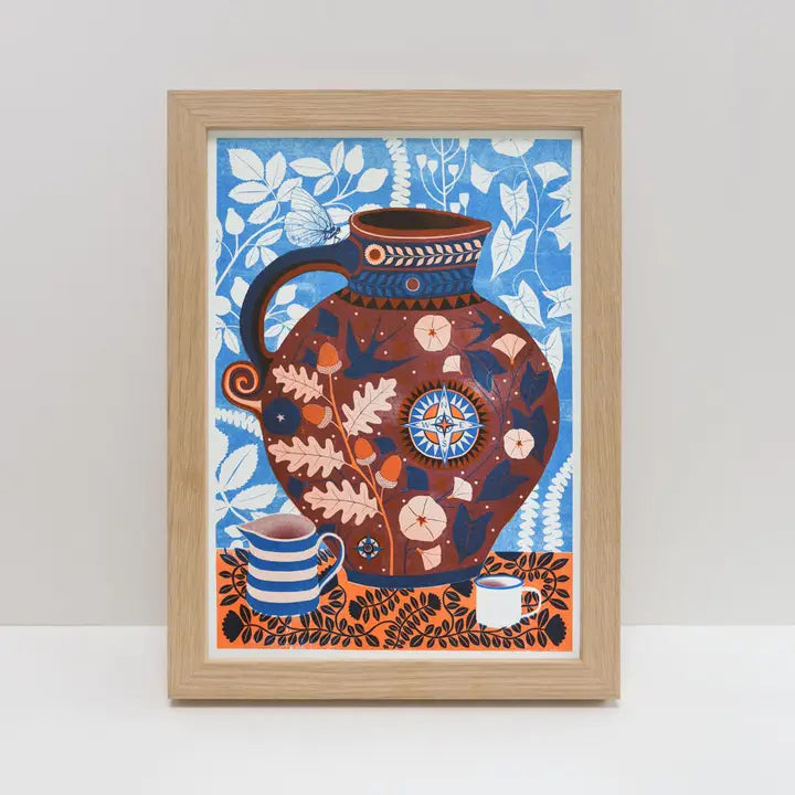 Cider Jug A4 Riso Print by Printer Johnson from Blue Dog Posters features a decorated brown jug, blue and white striped cup, and plain white cup against a blue botanical background.