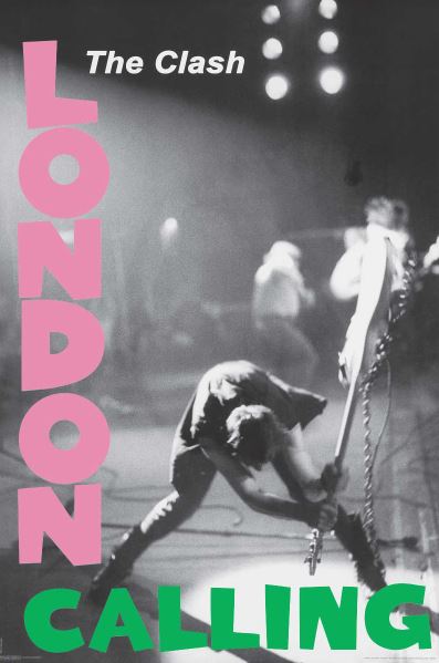 This black-and-white photo captures a dramatic moment as a musician smashes a guitar on stage. Pink and green text overlay artistically displays "The Clash" and "London Calling." Spotlights in the background illuminate other band members, adding to the high-energy performance. This MUS 323 product, titled “The Clash - London Calling,” is the perfect addition to your music collection or as a centerpiece punk rock poster.