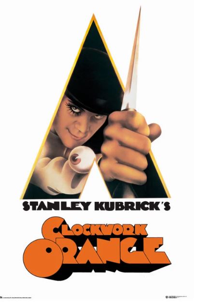 Vintage movie poster for "A Clockwork Orange" by MTV 071, featuring a menacing figure in a bowler hat holding a knife within the foreground of an orange, triangular shape. The text reads "Stanley Kubrick's A Clockwork Orange" in bold letters at the bottom.