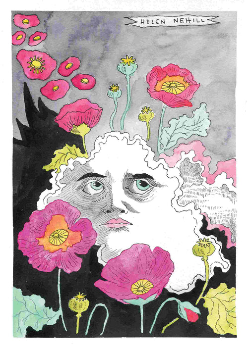 An enchanting, surreal illustration from the Cloud and Poppies by Helen Nehill A5 collection showcases a white, ghostly face with sorrowful eyes encircled by large pink and red flowers with vivid yellow centers. The face merges seamlessly with the petals, all set against a gray sky to create an ethereal, dreamlike ambiance. This exquisite piece is part of Blue Dog Posters' fine art offerings.