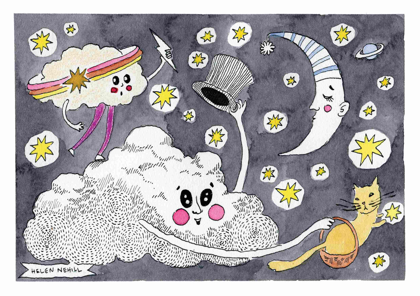 The "Cloud Characters by Helen Nehill A5" from Blue Dog Posters showcases a whimsical, starry night sky with cartoonish clouds, stars, a crescent moon wearing a striped nightcap, and a small beige cat nestled in an orange crescent moon. One cloud dons a rainbow headband, while another beams with rosy cheeks and holds a top hat.