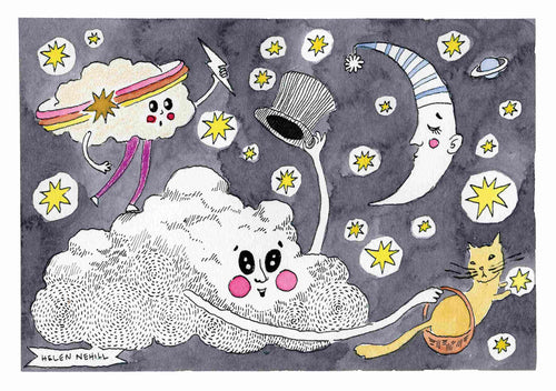 The "Cloud Characters by Helen Nehill A5" from Blue Dog Posters showcases a whimsical, starry night sky with cartoonish clouds, stars, a crescent moon wearing a striped nightcap, and a small beige cat nestled in an orange crescent moon. One cloud dons a rainbow headband, while another beams with rosy cheeks and holds a top hat.