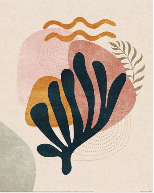 The Emel Tunaboylu (Coral) by GAL242 is an abstract art print featuring a dark blue leaf-like form, pink and orange blobs, a small green leaf on the right, curved lines, and wavy motifs on a textured beige background. Part of the Decor Series Collection on matte art paper.