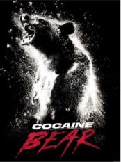 A ferocious bear, illustrated with a dramatic burst of white and black, roars fiercely against a dark background. Part of the Blue Dog Posters Mini Posters Collection, this design prominently displays the words "Cocaine Bear" below, with "Cocaine" in white and "Bear" in bold red lettering.