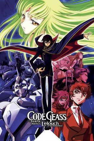 Code Geass" anime poster by MTV 349 features classic Japanese animation style with a green-haired woman above, a black-clad man centered, other characters, mechas, and the series title—ideal for Movies & TV fans.