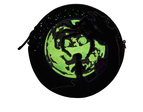 A circular bag featuring an eerie silhouette of a person walking under a twisted tree, set against a glowing full moon with etched details and surrounded by stars. This Blue Dog Posters Coraline - Moon Crossbody Bag, crafted from vegan leather, has a dark background that accentuates the luminous moon and shadowy scene.