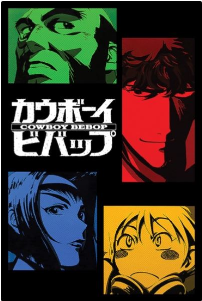 The MTV 070 Cowboy Bebop Colour Blox poster features four stylized characters: a green-tinted man gazing upwards, a red-tinted man smiling, a blue-tinted short-haired woman, and a yellow-tinted surprised person. The captivating piece showcases the title in Japanese and English at the center.