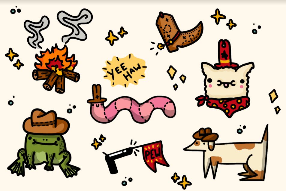 The "Yee Haw" collection by Badbroidery from Blue Dog Posters showcases a delightful assortment of cartoon western-themed illustrations, including a campfire, cowboy hat, boot, "YEE HAW" text, bandana-wearing cat, frog with a cowboy hat, pink worm in a hat, firing gun with a "PEW" flag, and dog in a cowboy hat with bandana. Ideal for the Little Art series.