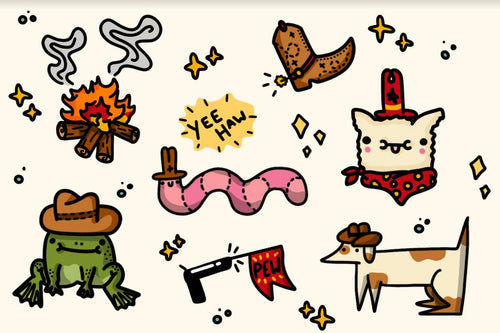 The "Yee Haw" collection by Badbroidery from Blue Dog Posters showcases a delightful assortment of cartoon western-themed illustrations, including a campfire, cowboy hat, boot, "YEE HAW" text, bandana-wearing cat, frog with a cowboy hat, pink worm in a hat, firing gun with a "PEW" flag, and dog in a cowboy hat with bandana. Ideal for the Little Art series.