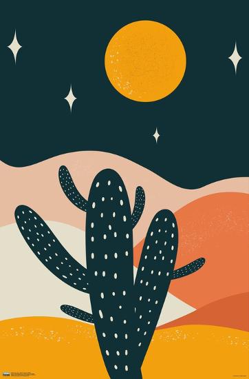 Introducing the "Cozy Joy - Desert Cactus at Night" by ART 099: A stylized desert scene illustration showcasing a cactus adorned with white dots in the foreground. The background beautifully depicts rolling hills in shades of orange and cream, accented by a large textured yellow sun and four white stars shining brightly against a dark sky.