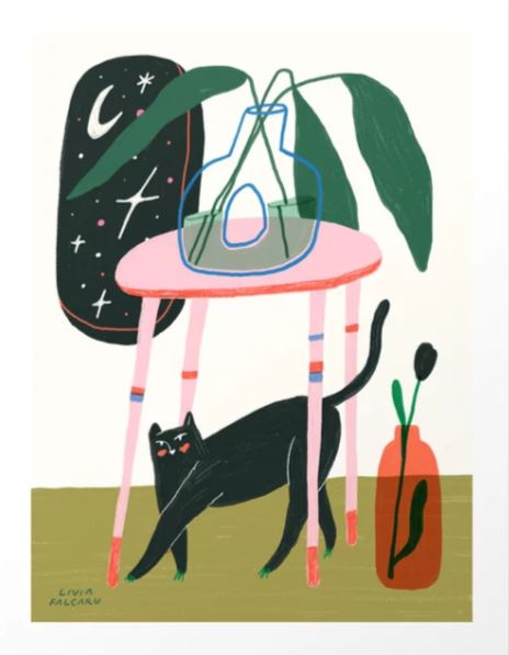 Its a Cozy Night" by Liviafalcaru features a black cat arching under a pink table with a vase and large leaf, complemented by a red floor vase with sprout, and framed night sky, beautifully captured on cotton paper for the GAL15 Gallery Series Art Print.