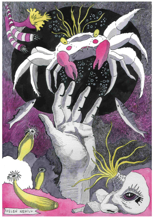 The "Crabby by Helen Nehill Art" print from Blue Dog Posters features an artistic underwater scene showcasing a large white crab with pink claws and yellow eyes, floating above an outstretched hand. Various marine creatures, including fish, anemones, and abstract shapes surround the hand, all set against a vibrant background.