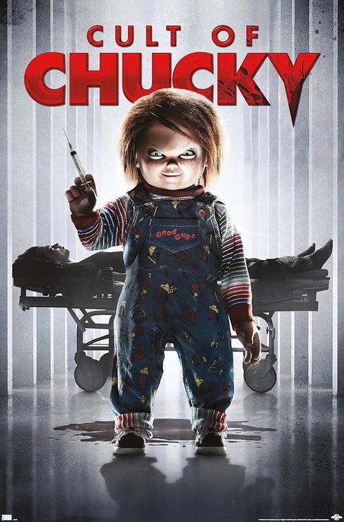 The MTV 057 Cult of Chucky Movie Poster (61 x 91.5cm) shows a red-haired doll in colorful overalls with a syringe, "CULT OF CHUCKY" above, and a figure on a stretcher—ideal for horror fans seeking chilling wall art.