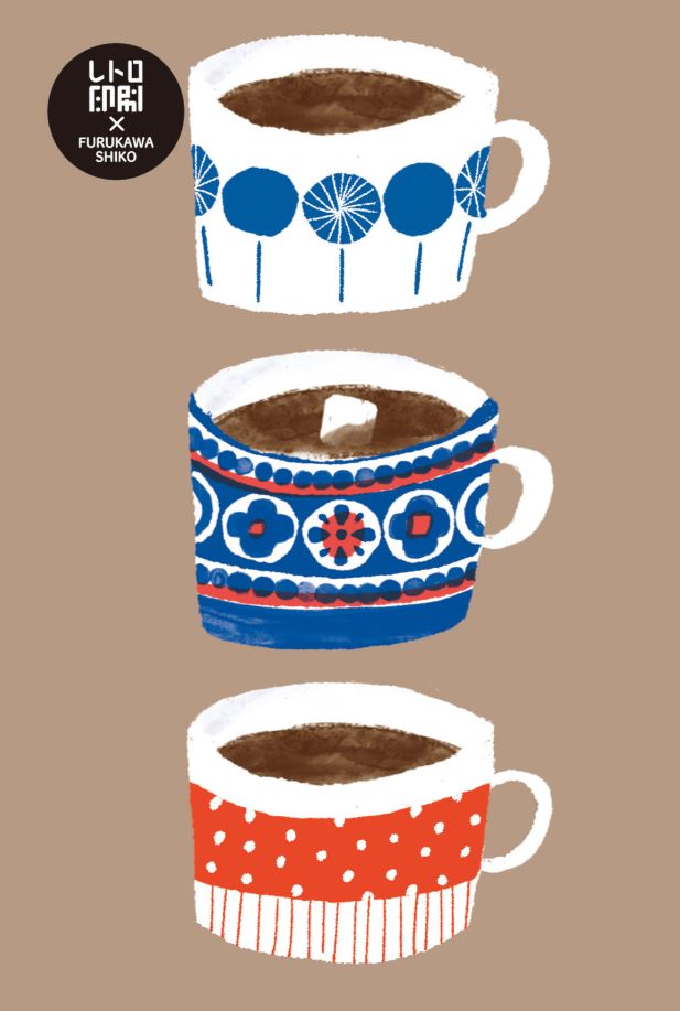 The Retro Coffee Cups Riso Postcard by Blue Dog Posters features an illustration of three cups filled with dark liquid, each adorned with unique patterns: blue circles on the top, a colorful geometric design in the middle, and red with white specks on the bottom. A circular logo appears on the top left.
