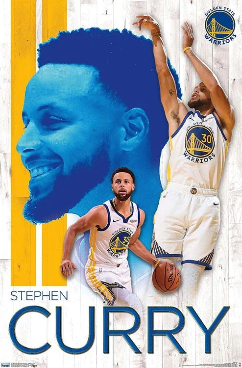 A dynamic SPO 024 NBA GS Warriors - Stephen Curry poster from the Sport Collection featuring Stephen Curry in Golden State Warriors gear. Showcasing three action shots—a head portrait, a dribbling stance, and a jump shot—it is printed on premium 150gsm gloss paper. The background is white with blue and yellow accents.