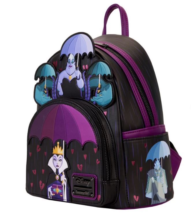Introducing the Disney Villains Curse Your Hearts Mini Backpack by Blue Dog Posters, a stylish black Loungefly accessory. This captivating design features iconic characters like the Evil Queen, Ursula, and Hades holding umbrellas. With striking purple accents and a convenient small front pocket, the backpack brings extra charm with its raindrop and small heart background details.