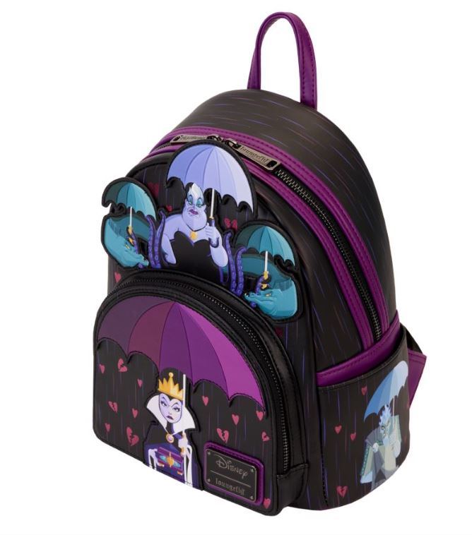 Introducing the Disney Villains Curse Your Hearts Mini Backpack by Blue Dog Posters, a striking black and purple accessory adorned with stylized graphics of Ursula, Evil Queen, and Hades holding umbrellas. This backpack features charming "Curse Your Hearts" patterns, a front zip pocket, purple accents, and a convenient top handle for easy carrying.
