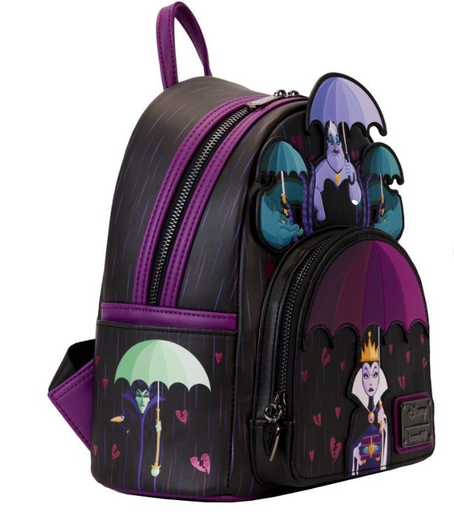 The Disney Villains Curse Your Hearts Mini Backpack by Blue Dog Posters is a stylish black and purple Loungefly accessory showcasing vibrant graphic designs of the Evil Queen and Maleficent holding umbrellas on the front. This backpack features multiple zippered compartments, embodying the ultimate "Curse Your Hearts" style.