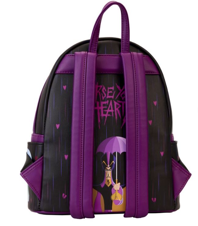 Introducing the Disney Villains Curse Your Hearts Mini Backpack by Blue Dog Posters. This stylish black and purple backpack boasts a gothic-themed design adorned with heart symbols and an illustrated character holding an umbrella. The front features two adjustable straps, and there's a convenient side pocket to enhance its functionality—a perfect accessory for fans of Disney Villains!