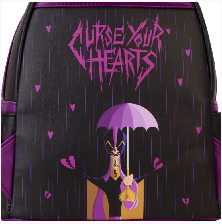 The Disney Villains Curse Your Hearts Mini Backpack by Blue Dog Posters is a black Loungefly backpack with purple accents, showcasing a stylized illustration of a cartoon villain holding a pink umbrella. The phrase "Curse Your Hearts" is displayed above in jagged, gothic text, with small pink heart shapes scattered around the character—an ideal accessory for Disney Villains enthusiasts.