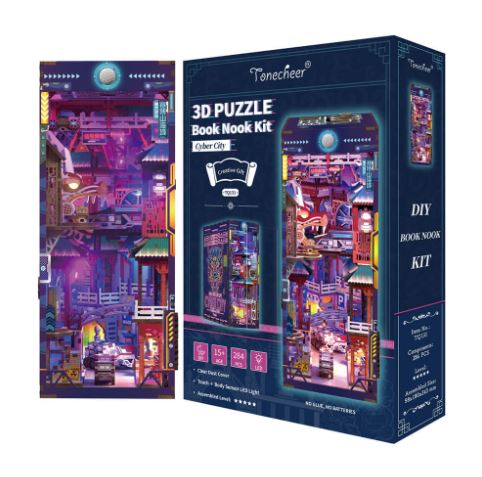 The Cyber City Large Book Nook Tonecheer by Blue Dog Posters is a neon-lit, cyberpunk DIY kit with Asian-inspired architecture. No glue or batteries needed—just enjoy a vibrant, creative building experience.