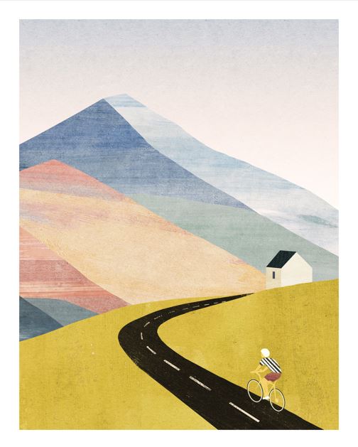 Cycling Home by Henry Rivers from GAL210K: a minimalist art print featuring a cyclist on a winding road through yellow hills, with a white house and blue pastel mountains beneath a pale sky.