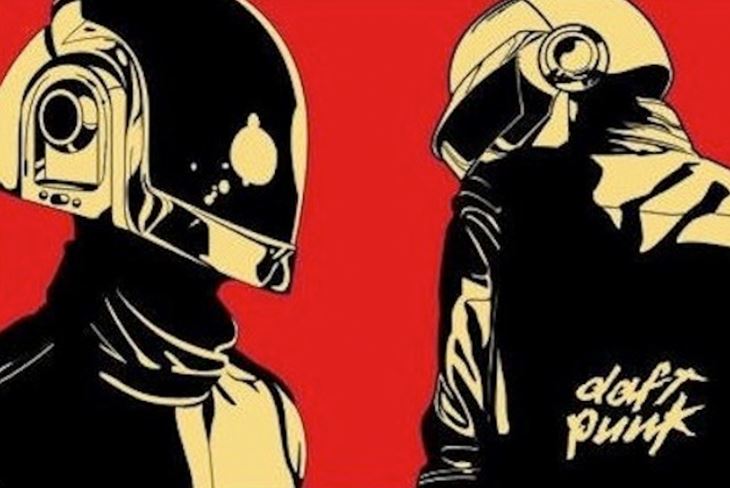 A striking illustration of two humanoid figures dressed in futuristic, robotic suits and helmets. The figure on the left faces forward, while the figure on the right has its back turned. Set against a red background with "Daft Punk" displayed on the right figure's back, this poster by MUS 148 is an ideal addition to any Electro Poster collection.