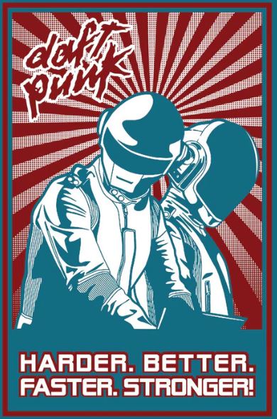 The Daft Punk - Harder poster by MUS 194 showcases two robotic figures in blue and white with red accents, the "Daft Punk" logo above, and the slogan "HARDER. BETTER. FASTER. STRONGER!"—perfect for any music collection.