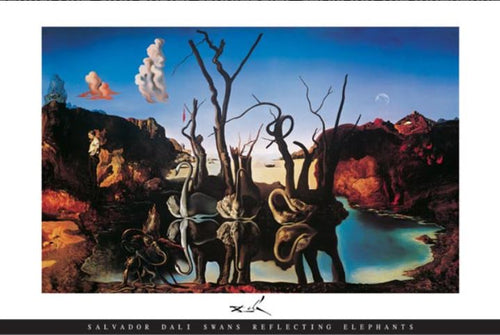 Explore surrealism with the "Dali Swans Reflecting Elephants" art poster by ART 059. This captivating piece shows swans on a serene lake, their reflections morphing into elephants. Printed on premium 150gsm gloss paper, it's perfect for enhancing your art & decor collection.