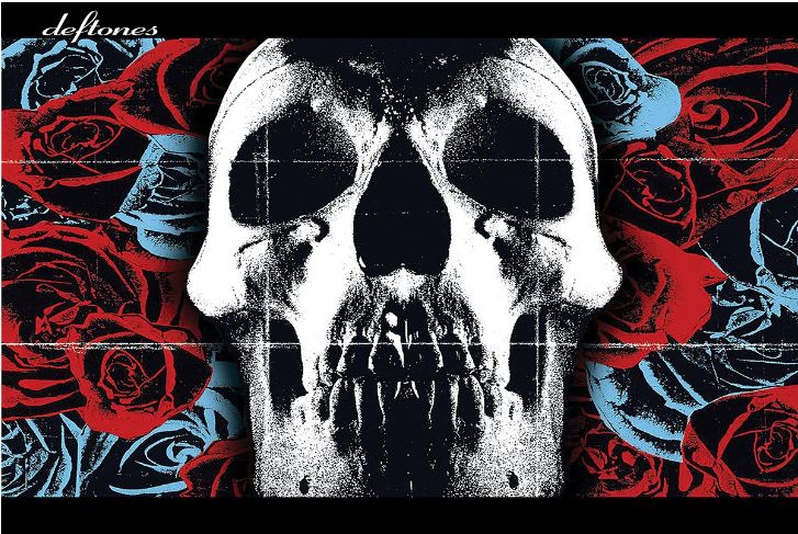A stylized black and white skull is centered against a background of red and blue roses, with the word "Deftones" by MUS 357 written in the top left corner.