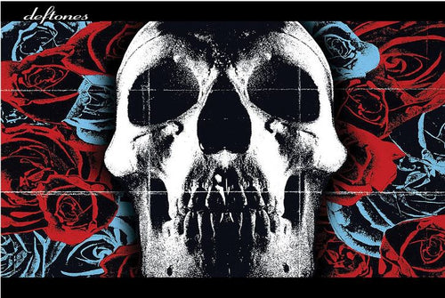 A stylized black and white skull is centered against a background of red and blue roses, with the word "Deftones" by MUS 357 written in the top left corner.