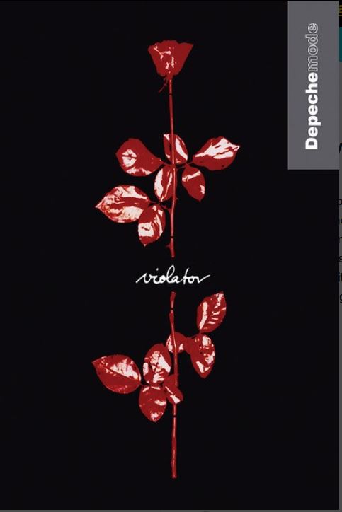 The product features a red rose with leaves set against a black background. Below the rose, the word "violator" is elegantly written in cursive. On the right side, "Depeche Mode" is vertically displayed on a gray strip, creating a striking piece that fits seamlessly into any electronic music collection or as part of a large regular poster display. This product, called "Depeche Mode. - Violator," is brought to you by MUS 140.