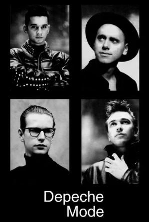 The "Depeche Mode Quad" by MUS 054 is a striking black and white poster showing four men in unique poses with dramatic lighting. "Depeche Mode" is printed beneath their portraits—an ideal addition to any music lover’s collection.