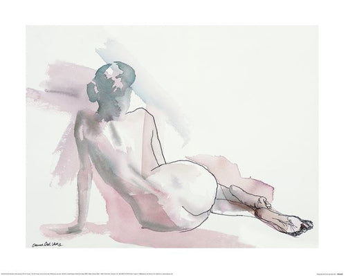 The Aimee Del Valle (Dimanche) art print by GAL205 features a watercolor of a seated person viewed from behind in soft pink and gray shades. With one arm leaning back and extended legs, it embodies a fluid, minimalist style as part of an exclusive decor series capturing calm and simplicity.