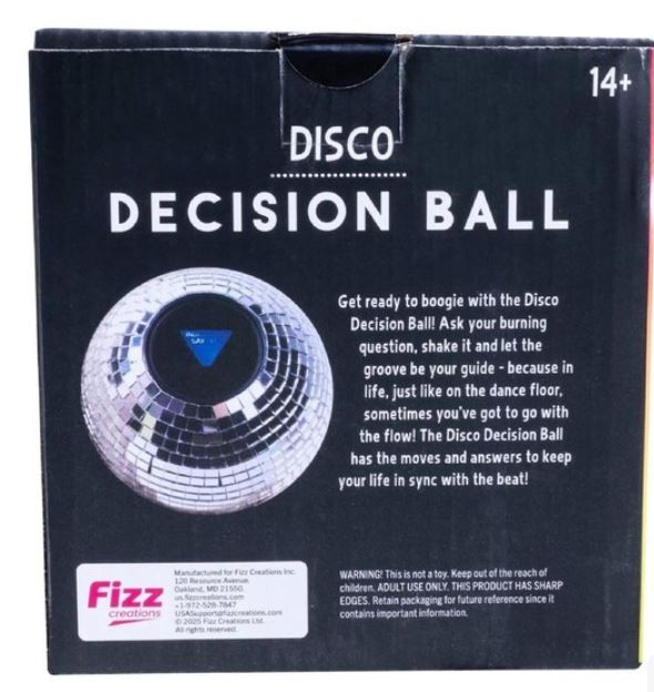 The image features the Fizz Creations Disco Decision Ball from Blue Dog Posters—a shiny, mirrored decision-making toy. Ideal as quirky party décor or for answering questions, it's suitable for ages 14 and up.