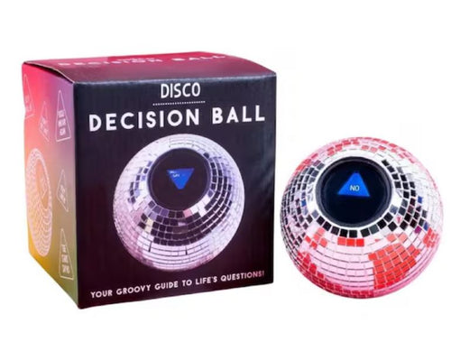A shiny Disco Decision Ball by Blue Dog Posters sits beside its box. The ball’s screen displays "NO." The box says "DISCO DECISION BALL" and "Your groovy guide to life's questions!"—a fun novelty party décor piece.