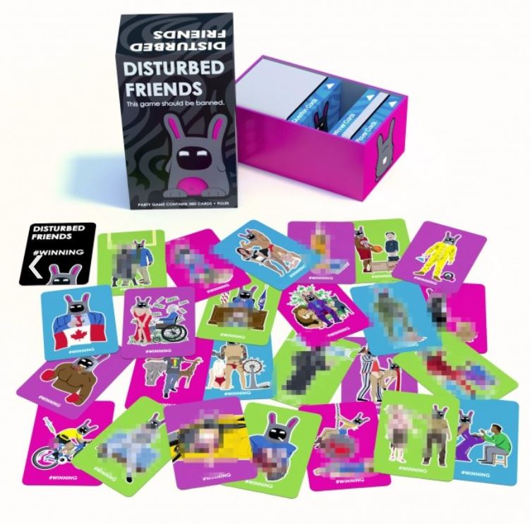 A tabletop card game set called "Disturbed Friends" by Blue Dog Posters is showcased, making it an ideal choice for party fun. The box and cards are adorned with vibrant illustrations of cartoon animals in amusing and quirky situations, including some explicit language. The cards are playfully scattered around the box for display.