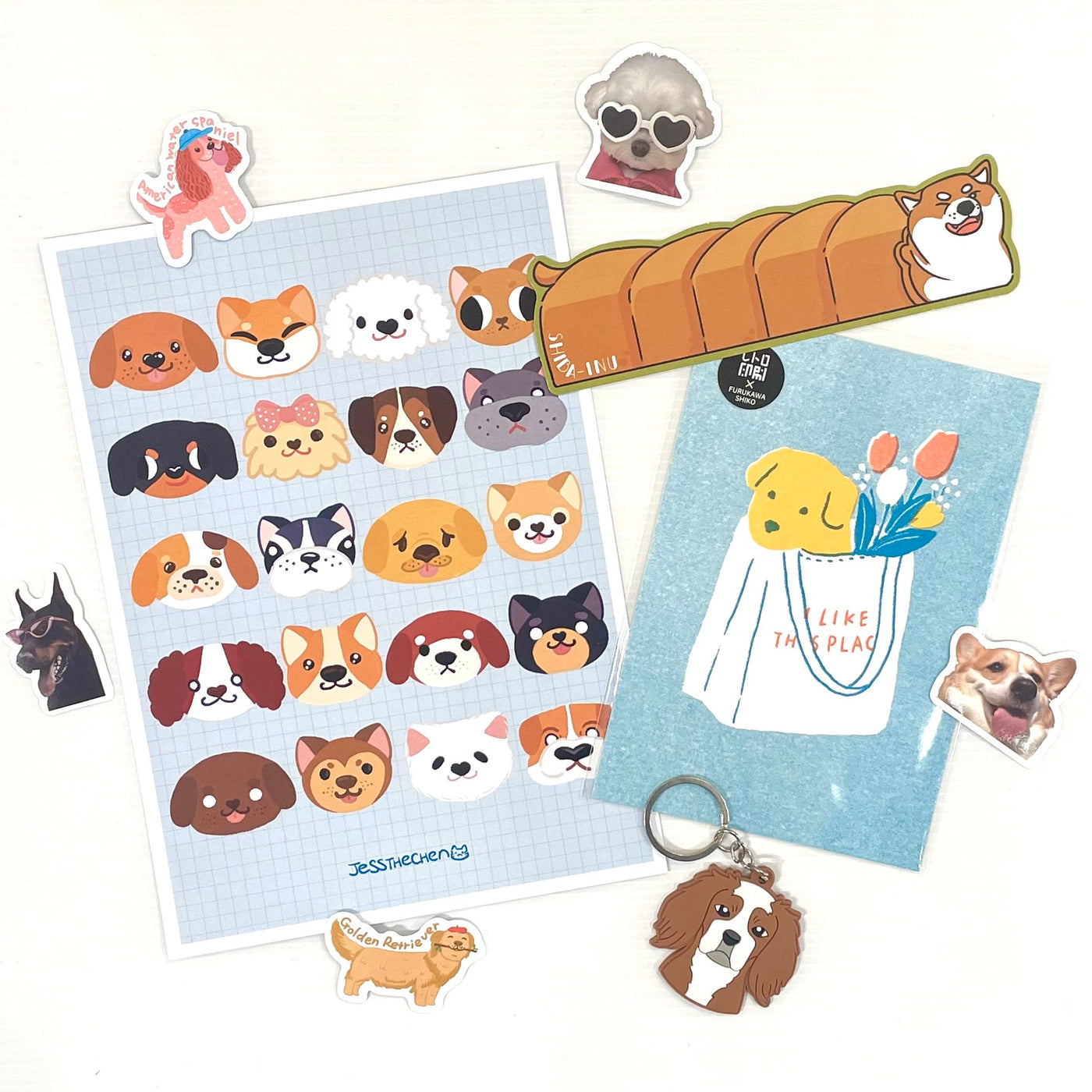 The Mystery Goodie Bag - Dog Lover by Blue Dog Posters features cute dog-themed items like illustrated dog face stickers, a tulip vase postcard with a dog, a loaf-shaped bookmark, a keychain, and small dog stickers.